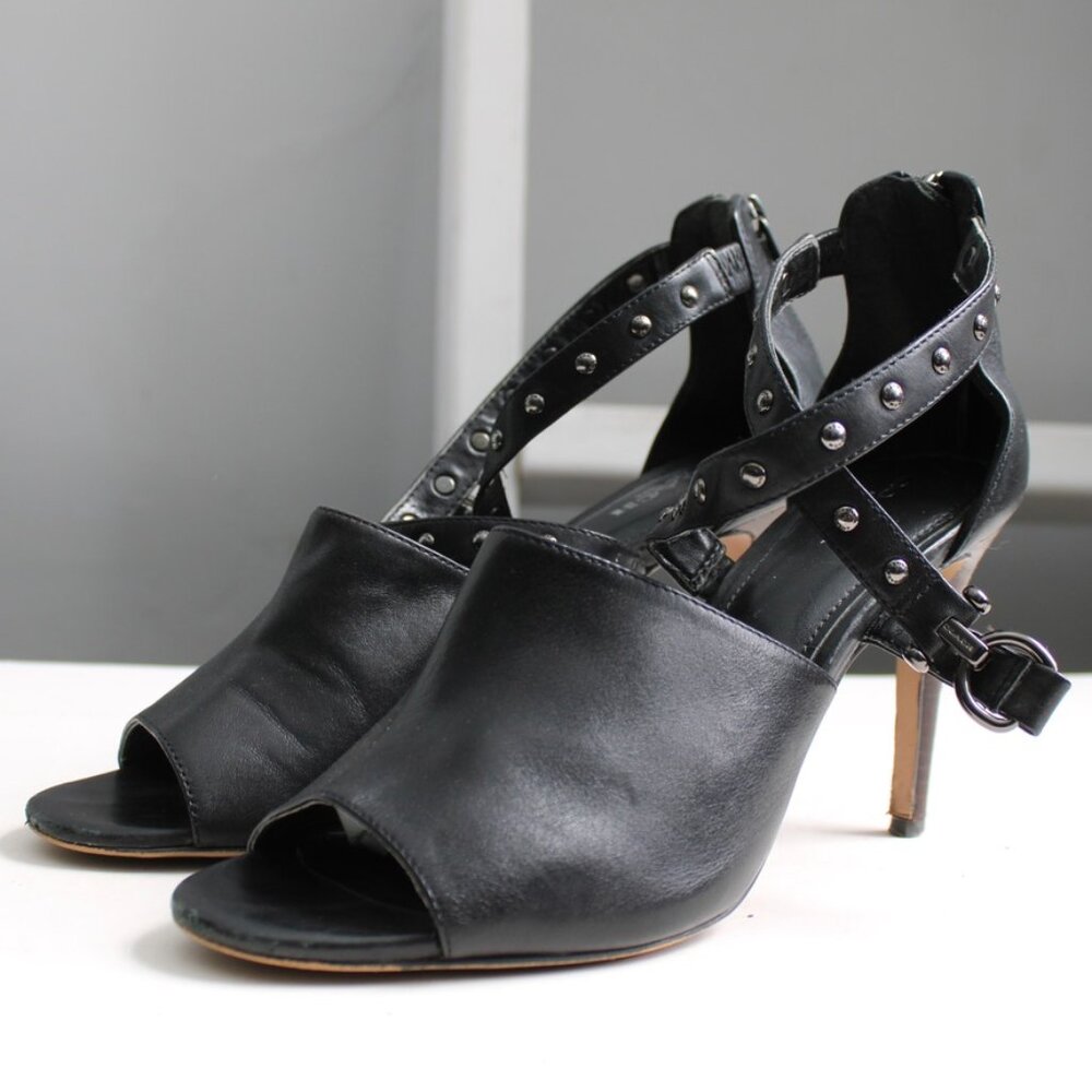 Coach Black Rhonda Open-Toe Leather Studded Straps Stacked Heels Pumps Size 9 - Picture 2 of 10